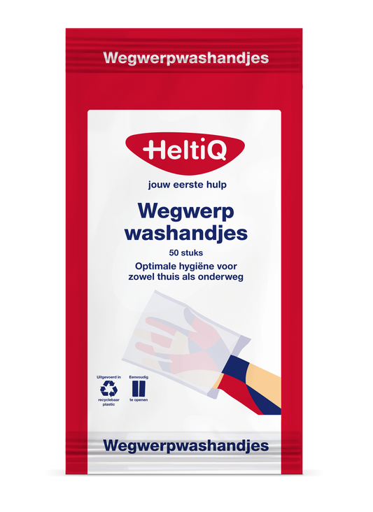 Heltiq disposable washcloths for bathroom and toilet, 15x23cm, pack of 50, shown in the image.