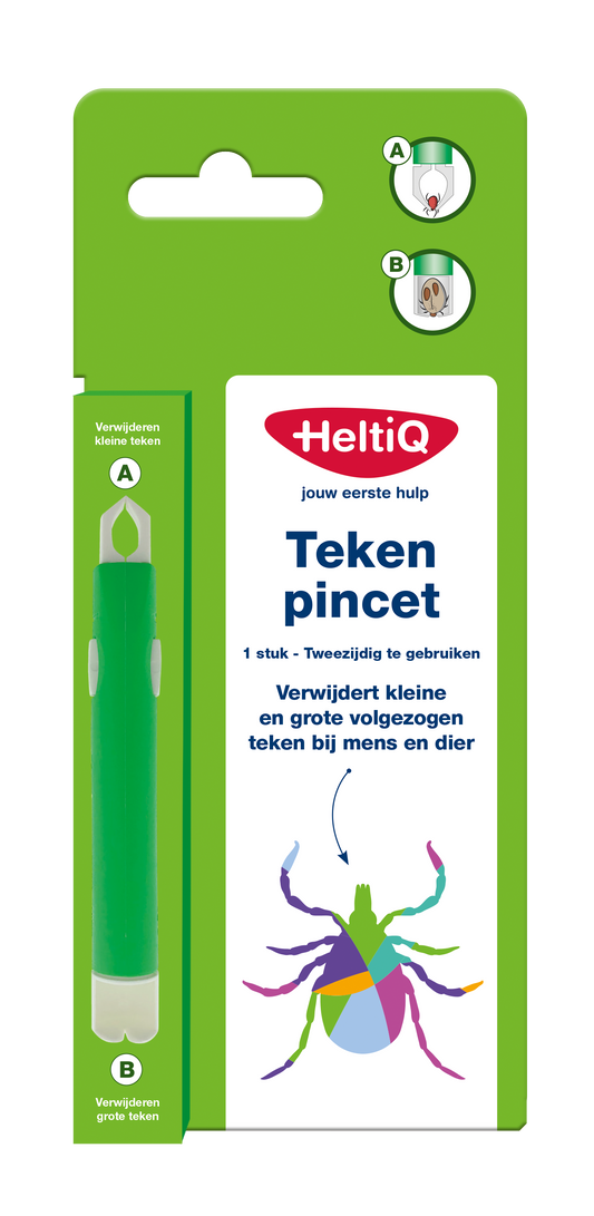 Heltiq tick tweezers for removing ticks and bites, stainless steel tool with fine tip for precise removal.