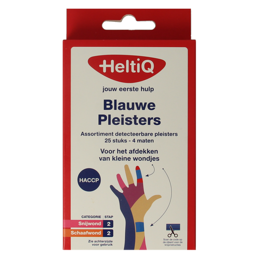 Blue Heltiq detecteerbare pleisters, pack of 26, designed for easy visibility and wound protection.
