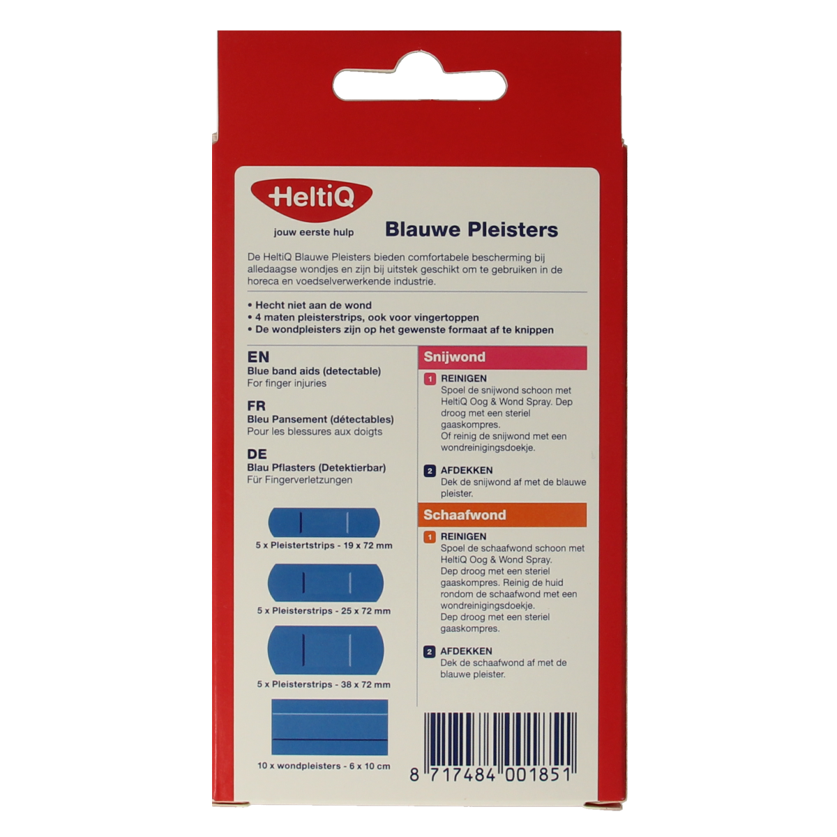 Blue Heltiq detecteerbare pleisters in a box of 26, designed for easy identification and wound protection.