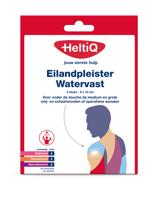 Heltiq watervaste eilandpleister 9x10cm, pack of 4; waterproof adhesive bandages for wound care.