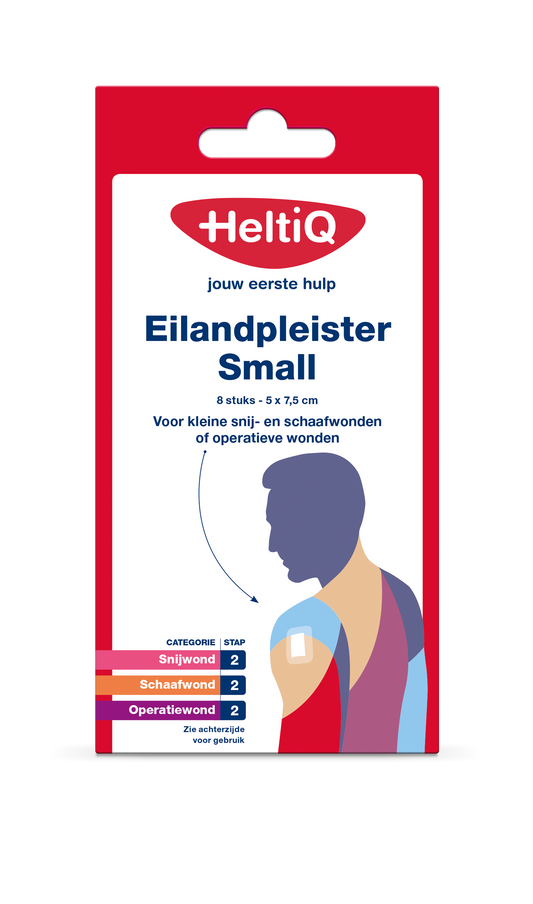 Heltiq small adhesive bandages, 5x7.5cm, pack of 8, suitable for minor cuts and wounds, with flexible tape and skin-friendly material.