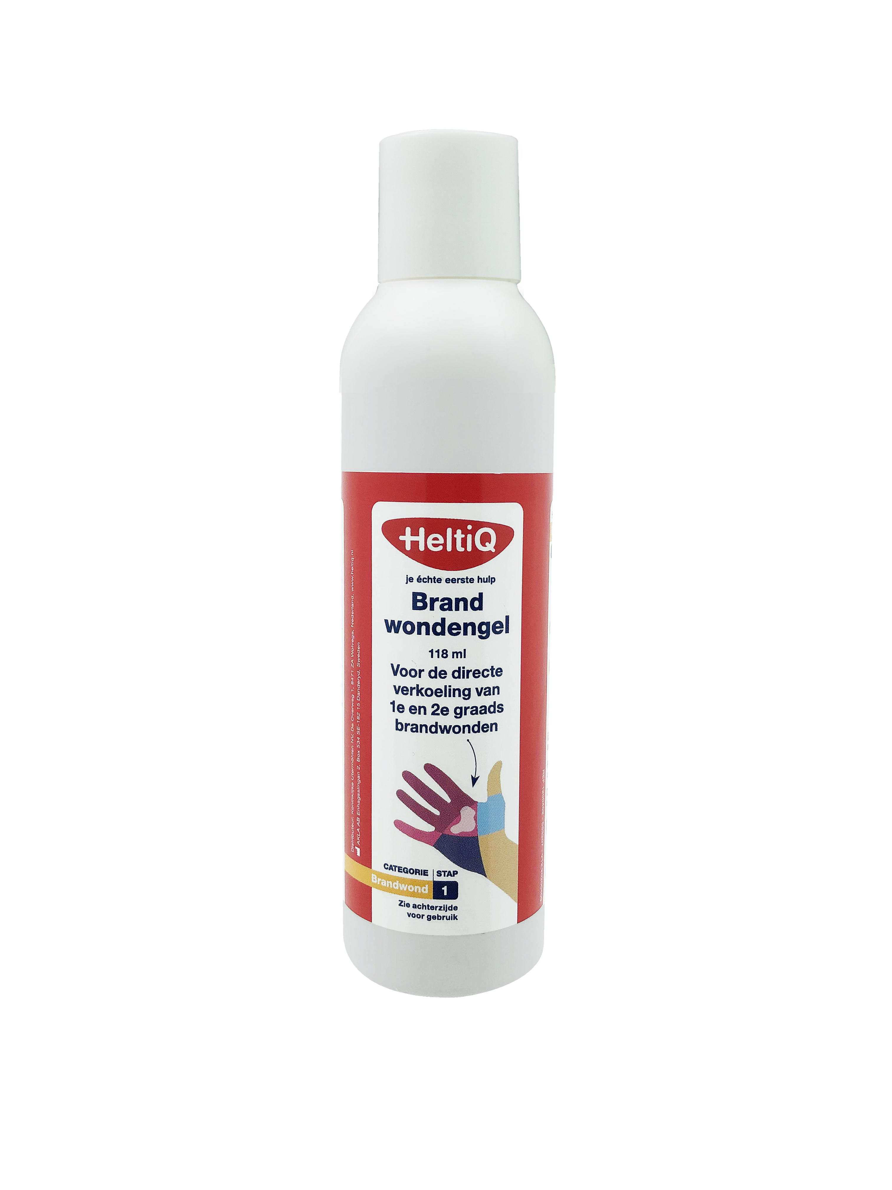 Heltiq brandwonden gel in a 118ml tube, designed for burn wound treatment, with the tube and label visible in the image.