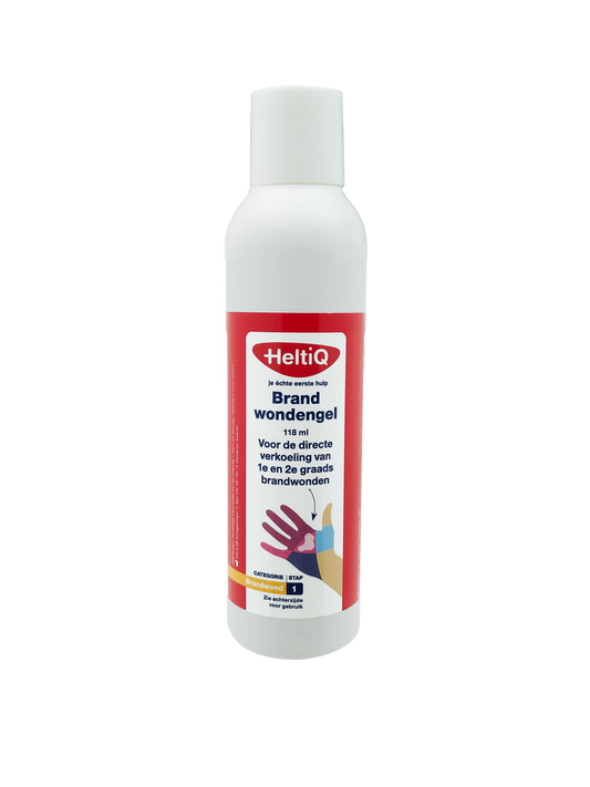 Heltiq brandwonden gel in a 118ml tube, designed for burn wound treatment, with the tube and label visible in the image.