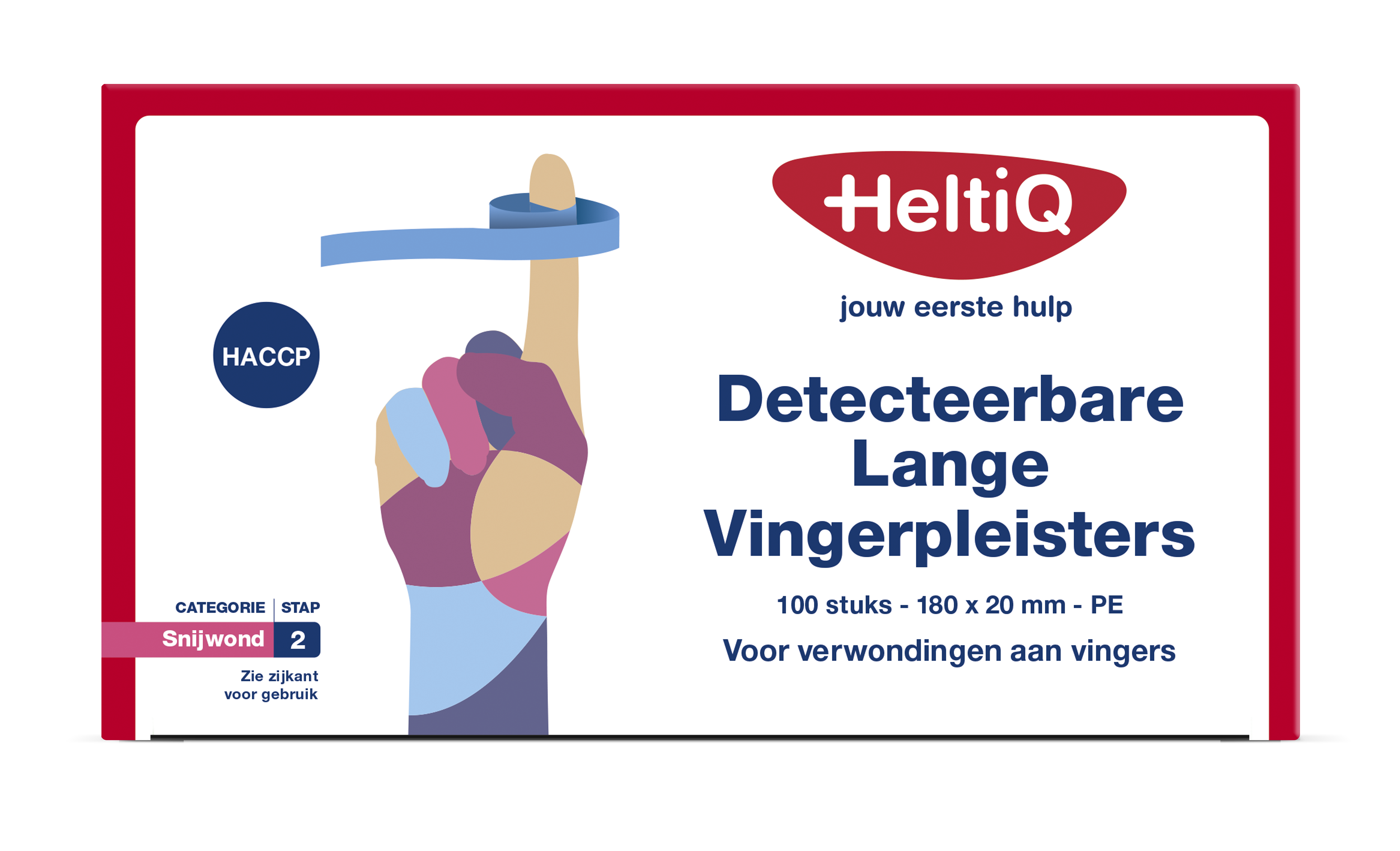Heltiq Detect vingerpleister lang PE 180 x 20mm, box of 100 adhesive finger bandages with breathable material.