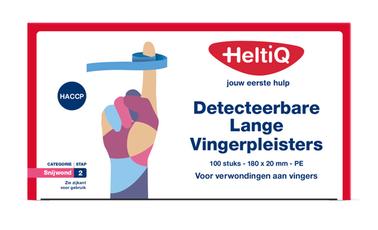 Heltiq Detect vingerpleister lang PE 180 x 20mm, box of 100 adhesive finger bandages with breathable material.