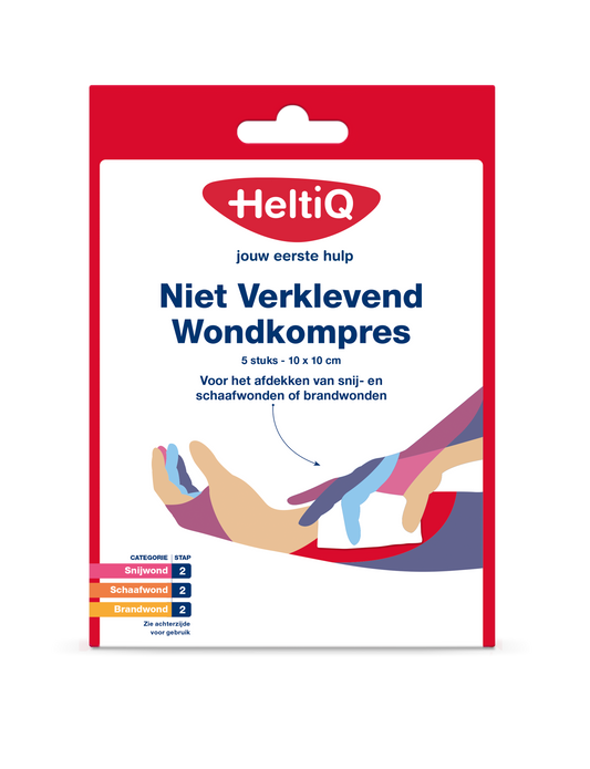Heltiq non-adherent wound dressing, 10x10cm gauze compress, pack of 5, suitable for wound care and healing.