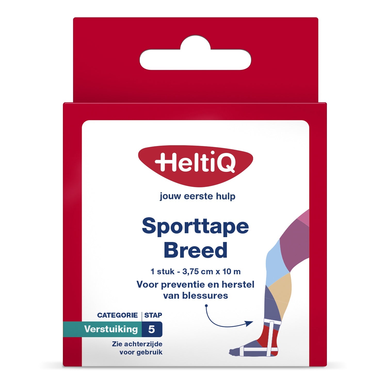 Heltiq Sporttape breed 3.75 x 10m, rolled athletic tape for sports injury support, with packaging showing brand and product details.