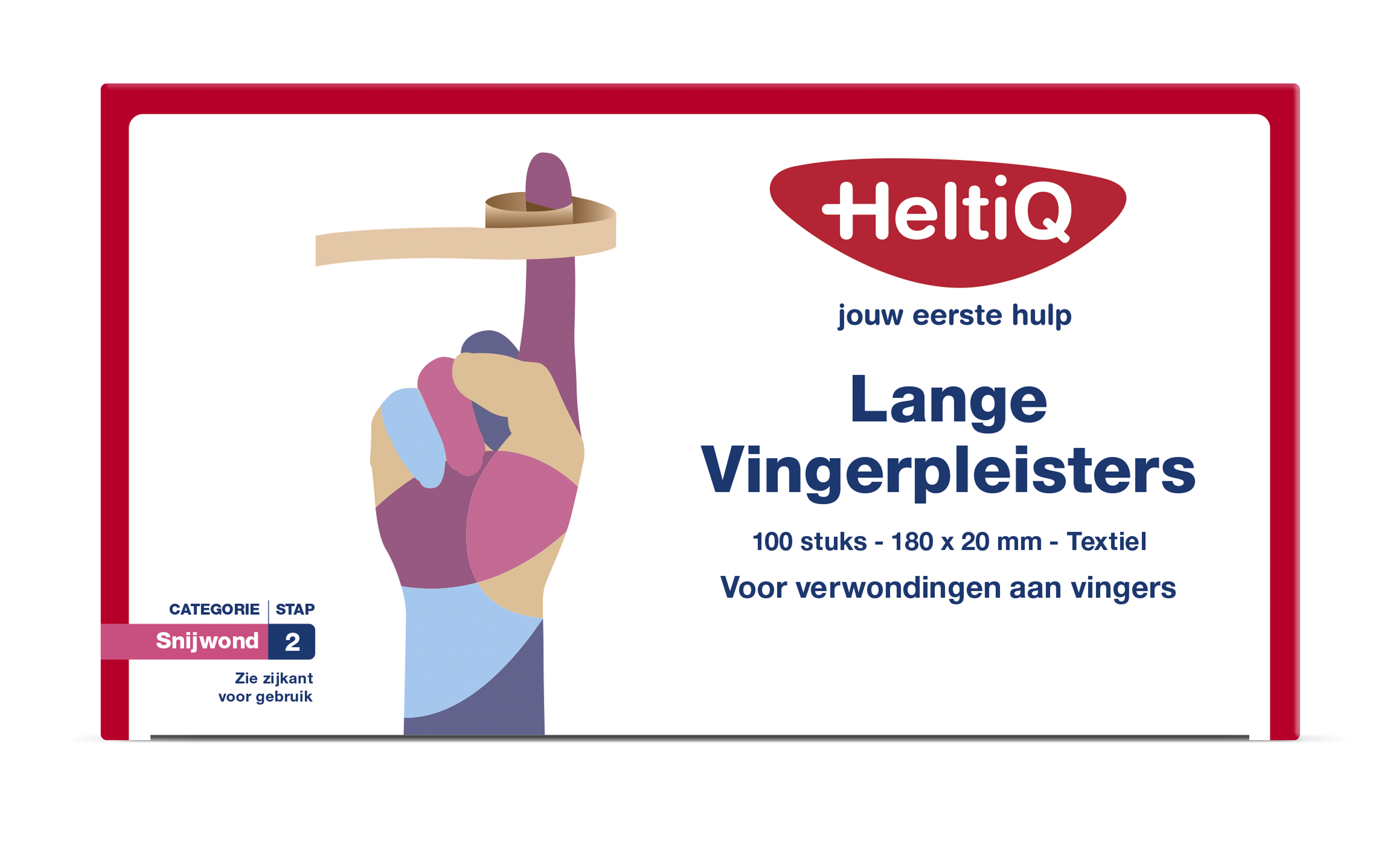 Heltiq Vingerpleister lang textiel 180x20mm, pack of 100 adhesive finger bandages, durable fabric tape for wound protection.