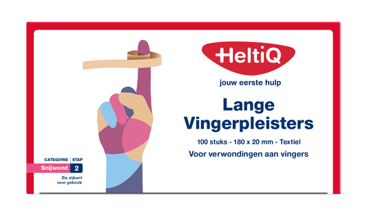 Heltiq Vingerpleister lang textiel 180x20mm, pack of 100 adhesive finger bandages, durable fabric tape for wound protection.