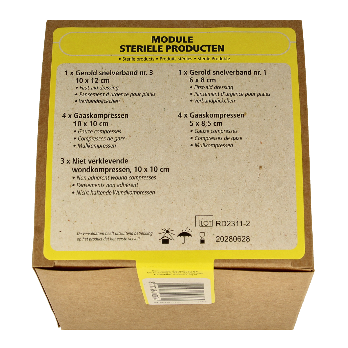 Heltiq Module 4 sterile first aid set with 1 piece, including bandages and medical supplies in a compact kit.