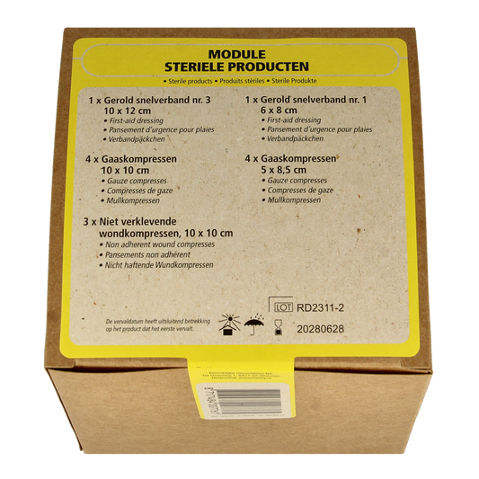 Heltiq Module 4 sterile first aid set with 1 piece, including bandages and medical supplies in a compact kit.
