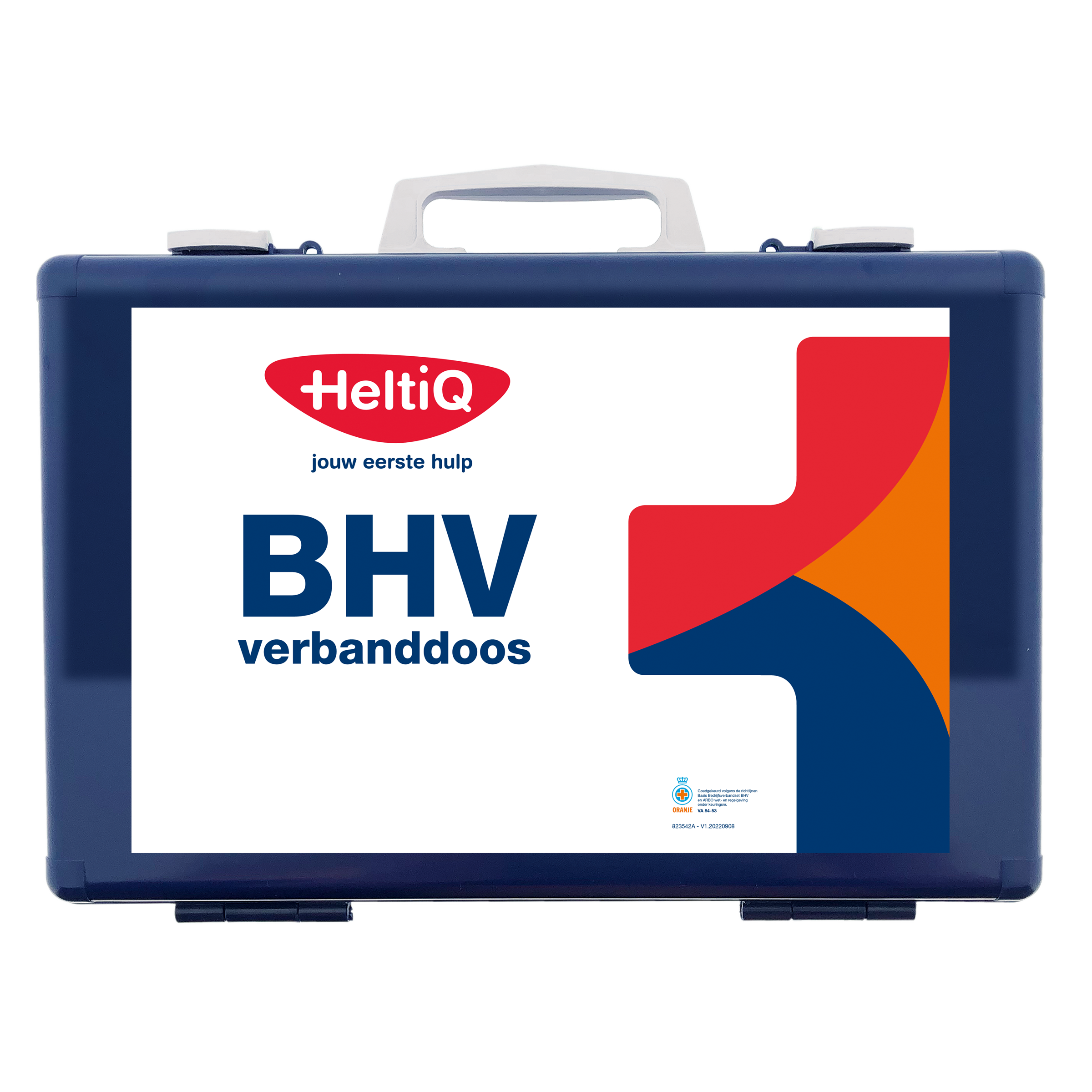 Blue Heltiq BHV verbanddoos modulair first aid kit with multiple modules, compact emergency medical supplies for safety.