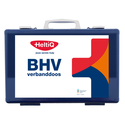 Blue Heltiq BHV verbanddoos modulair first aid kit with multiple modules, compact emergency medical supplies for safety.