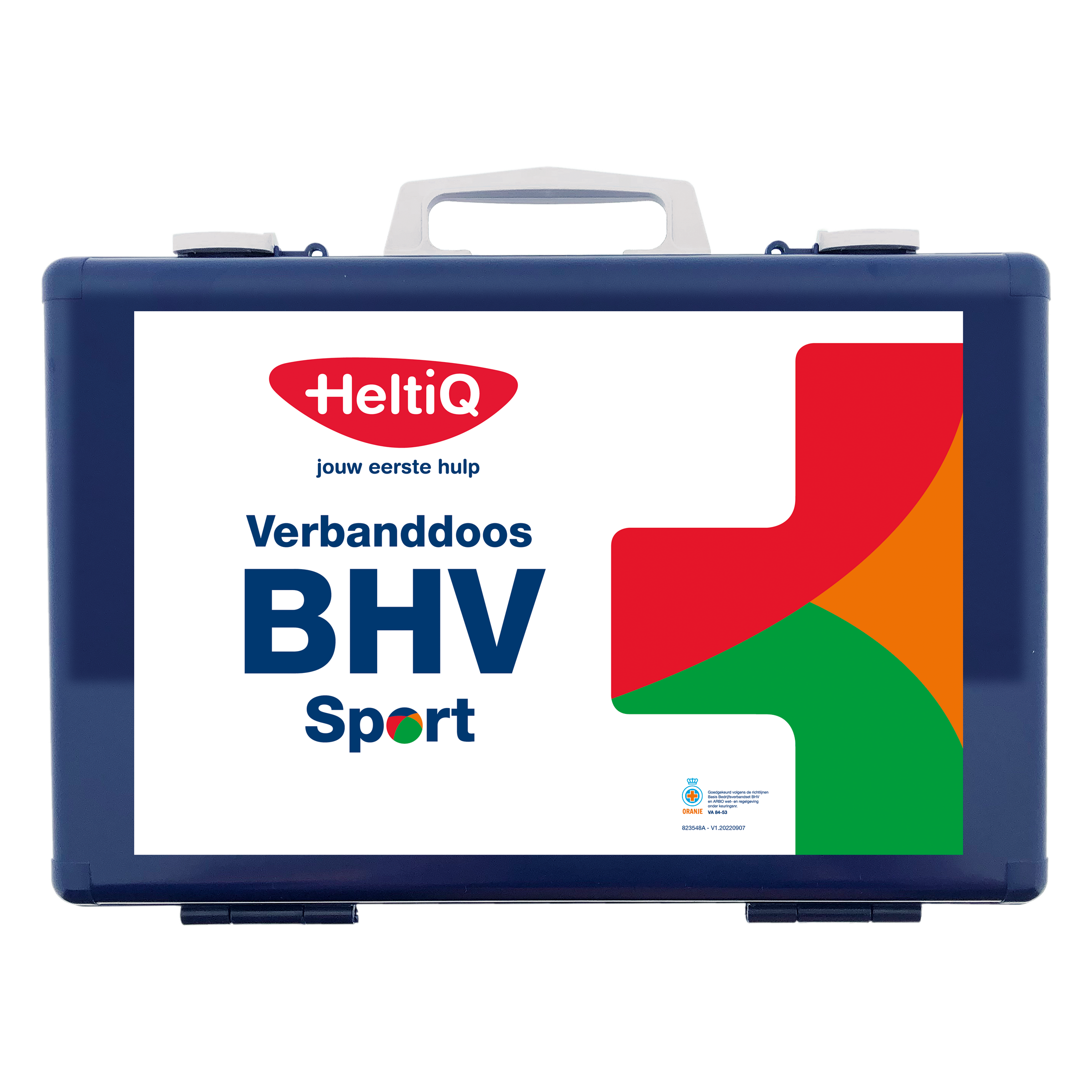 Blue Heltiq BHV verbanddoos modulair sport first aid kit with various medical supplies, compact and suitable for sports emergencies.