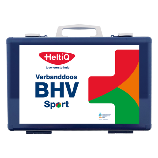 Blue Heltiq BHV verbanddoos modulair sport first aid kit with various medical supplies, compact and suitable for sports emergencies.