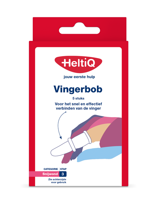 Heltiq Vingerbob doosje of 5 buisverband en verbanddoeken, sterile wound dressings for finger injuries, in a compact box.