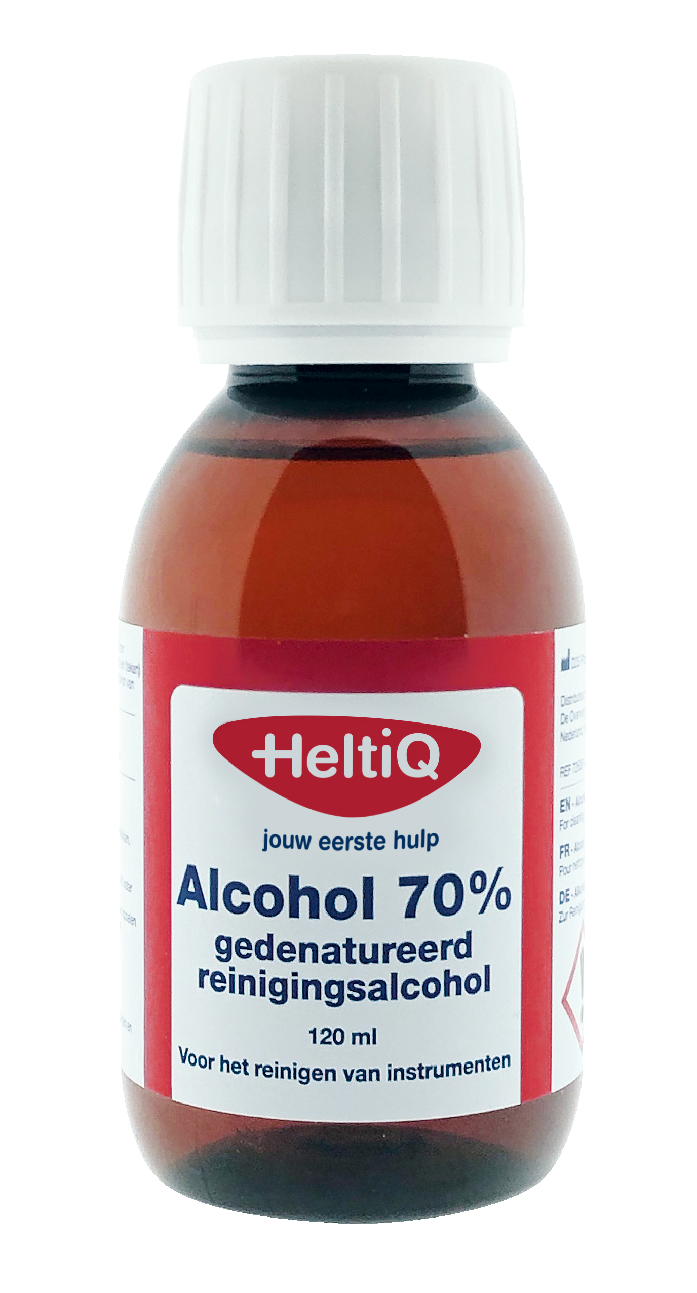 Heltiq Alcohol 70% antiseptic solution in a 120ml bottle, used for disinfecting skin and surfaces.