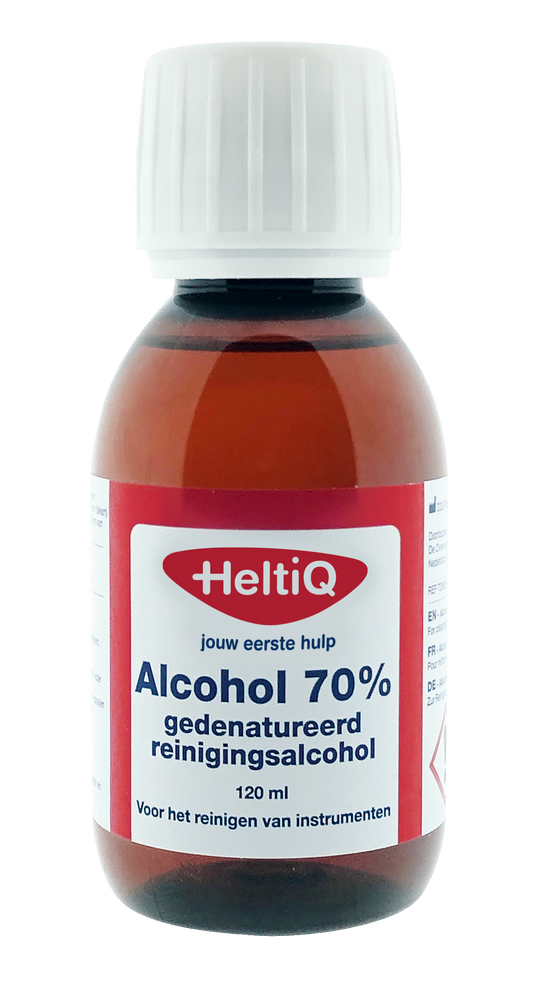 Heltiq Alcohol 70% antiseptic solution in a 120ml bottle, used for disinfecting skin and surfaces.
