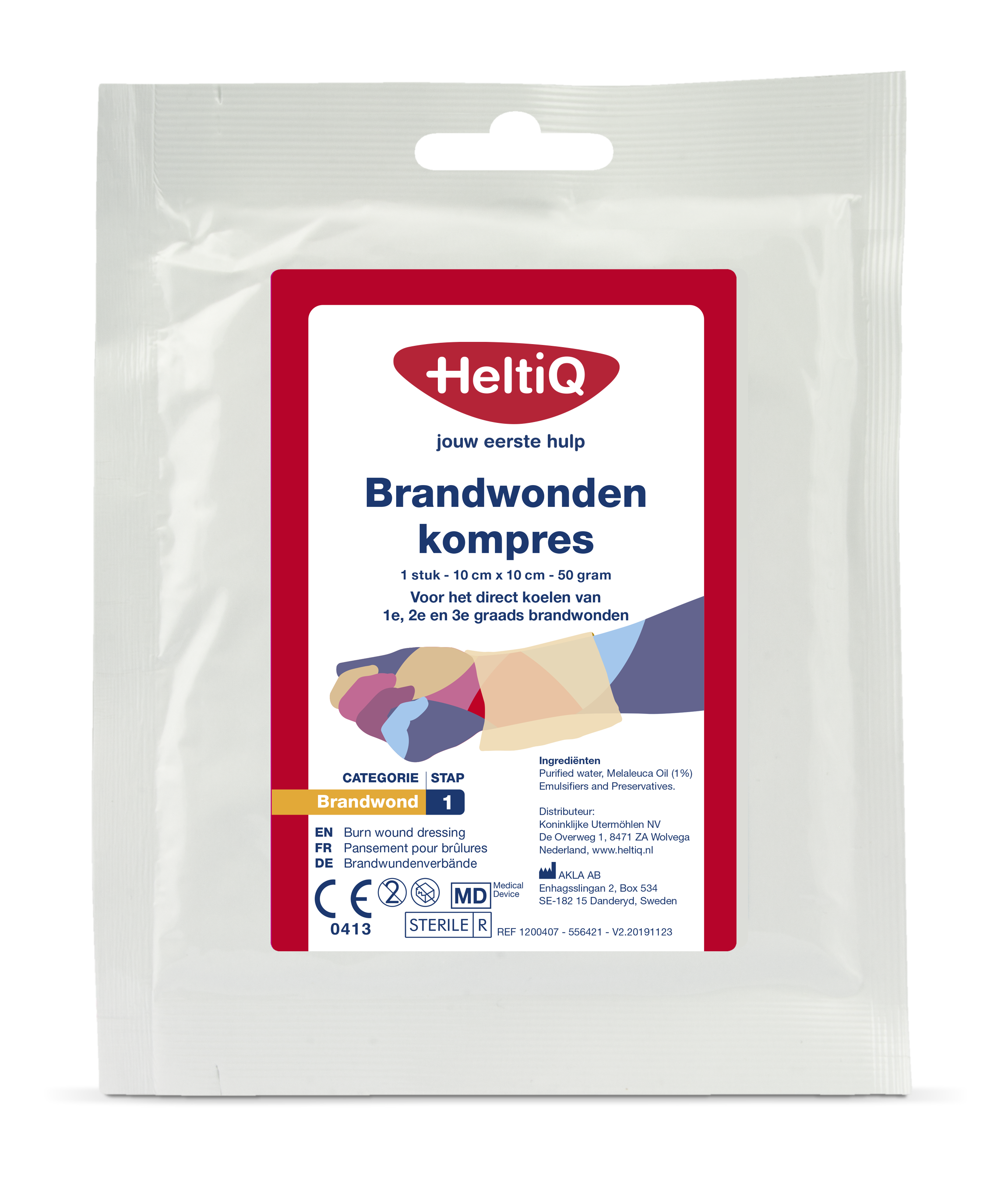 Heltiq brandwondenkompres, steriel brandwondenverband, 1 stuk voor pijnloze brandwondenzorg.