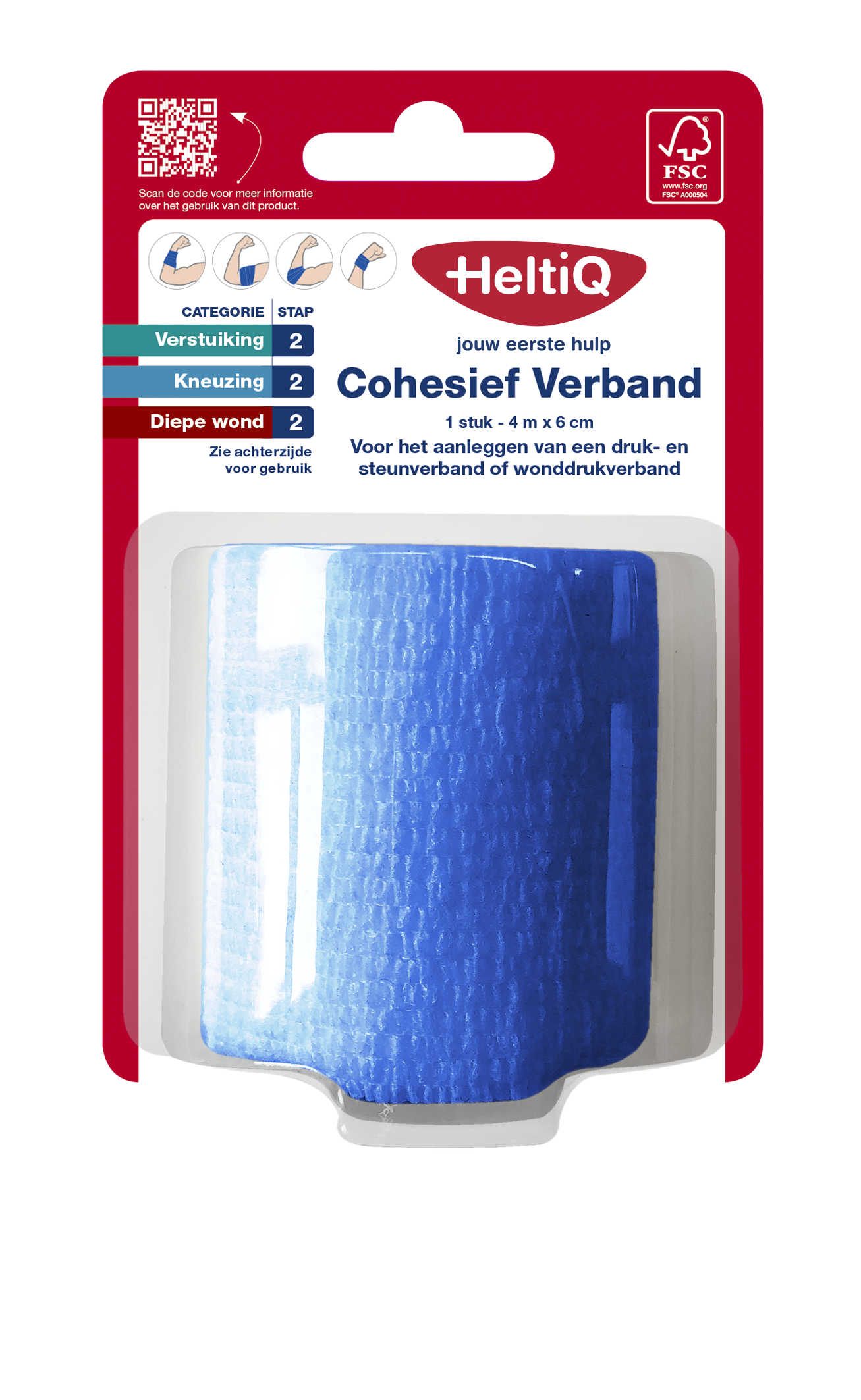 Heltiq cohesive bandage 4m x 6cm, elastic medical wrap for securing dressings and support.