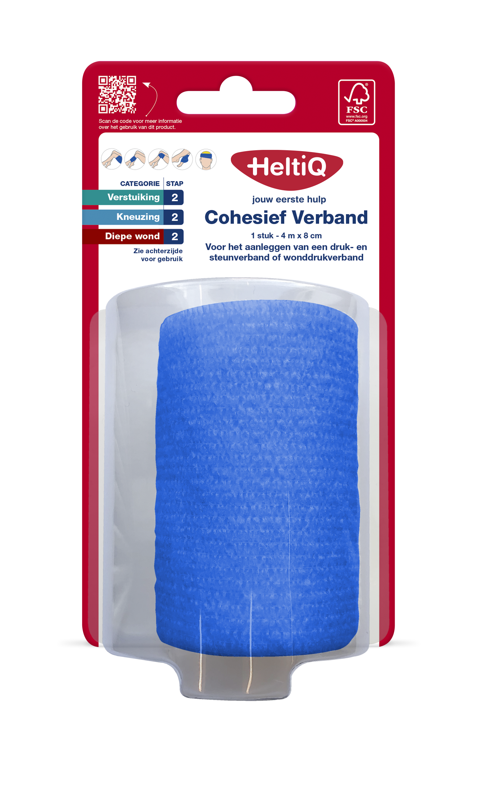 Heltiq cohesive bandage 4m x 8cm, elastic first aid wrap for securing dressings or support, shown in the image.