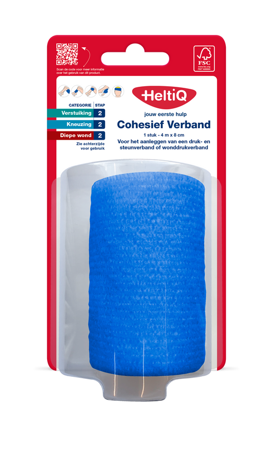 Heltiq cohesive bandage 4m x 8cm, elastic first aid wrap for securing dressings or support, shown in the image.