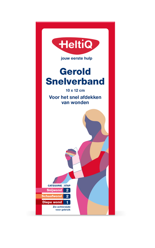 Heltiq snelverband gerold nr. 3, 10x12cm, in a roll, for wound care, with sterile gauze and elastic bandage.