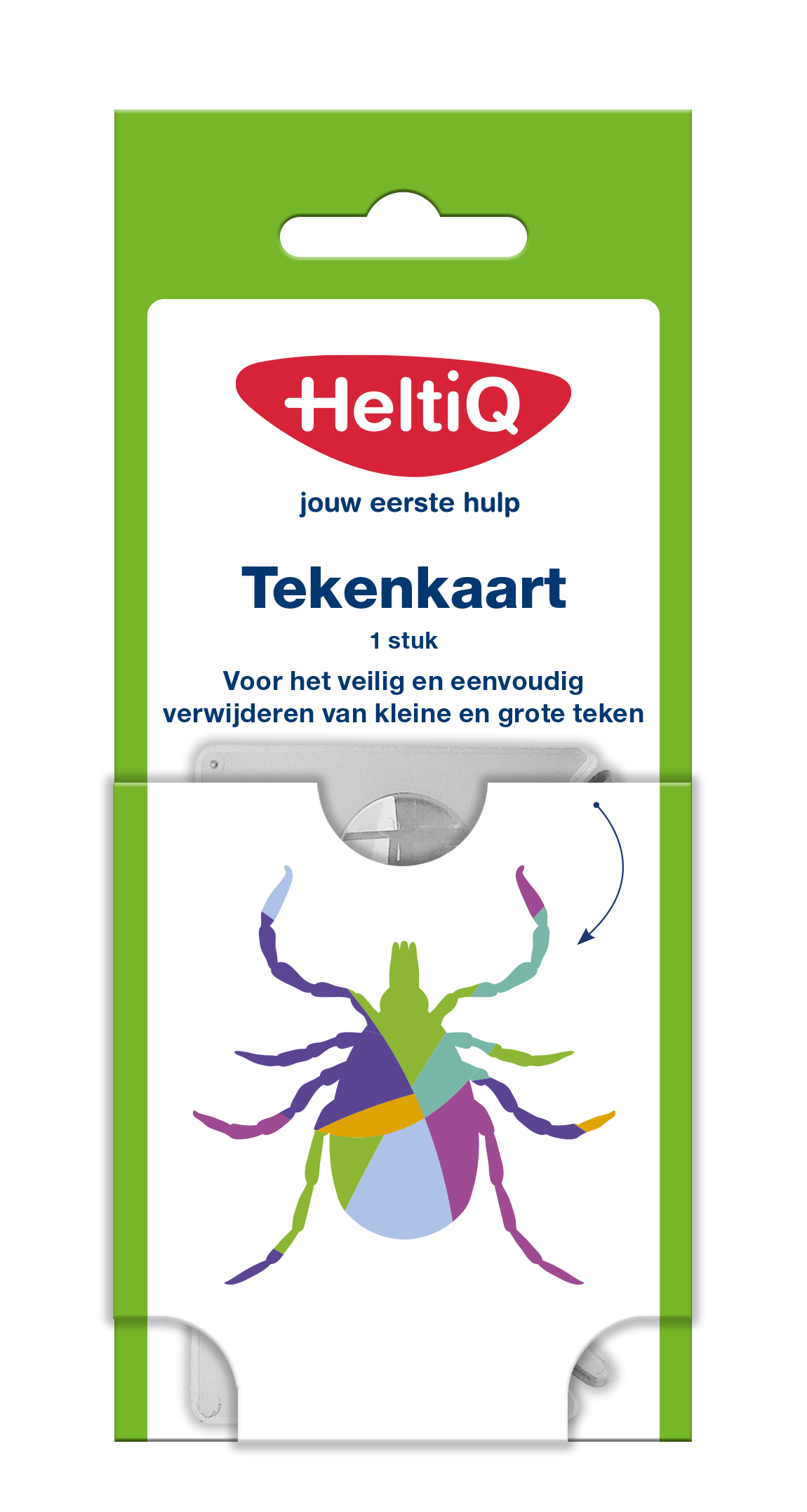 Heltiq Tekenkaart 1.00 for tick and insect bites, shows the medical device with instructions on a white background.