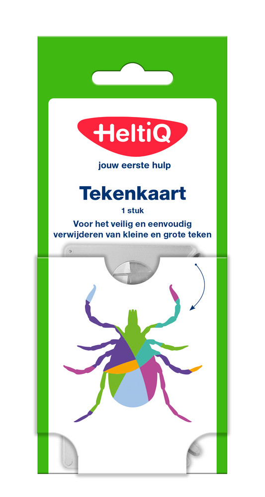Heltiq Tekenkaart 1.00 for tick and insect bites, shows the medical device with instructions on a white background.