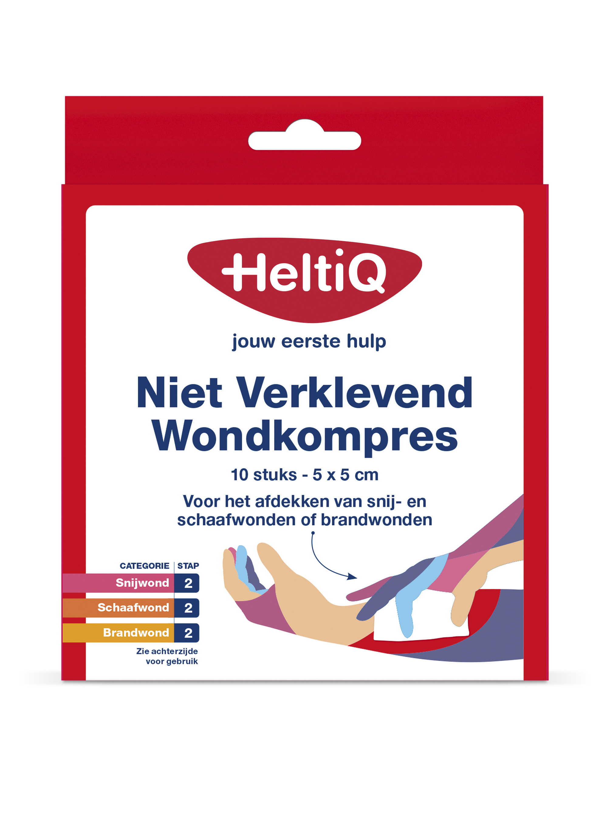 Heltiq non-adhesive wound compress 5x5cm, pack of 10 gauze and compresses for wound care, shown in the image.