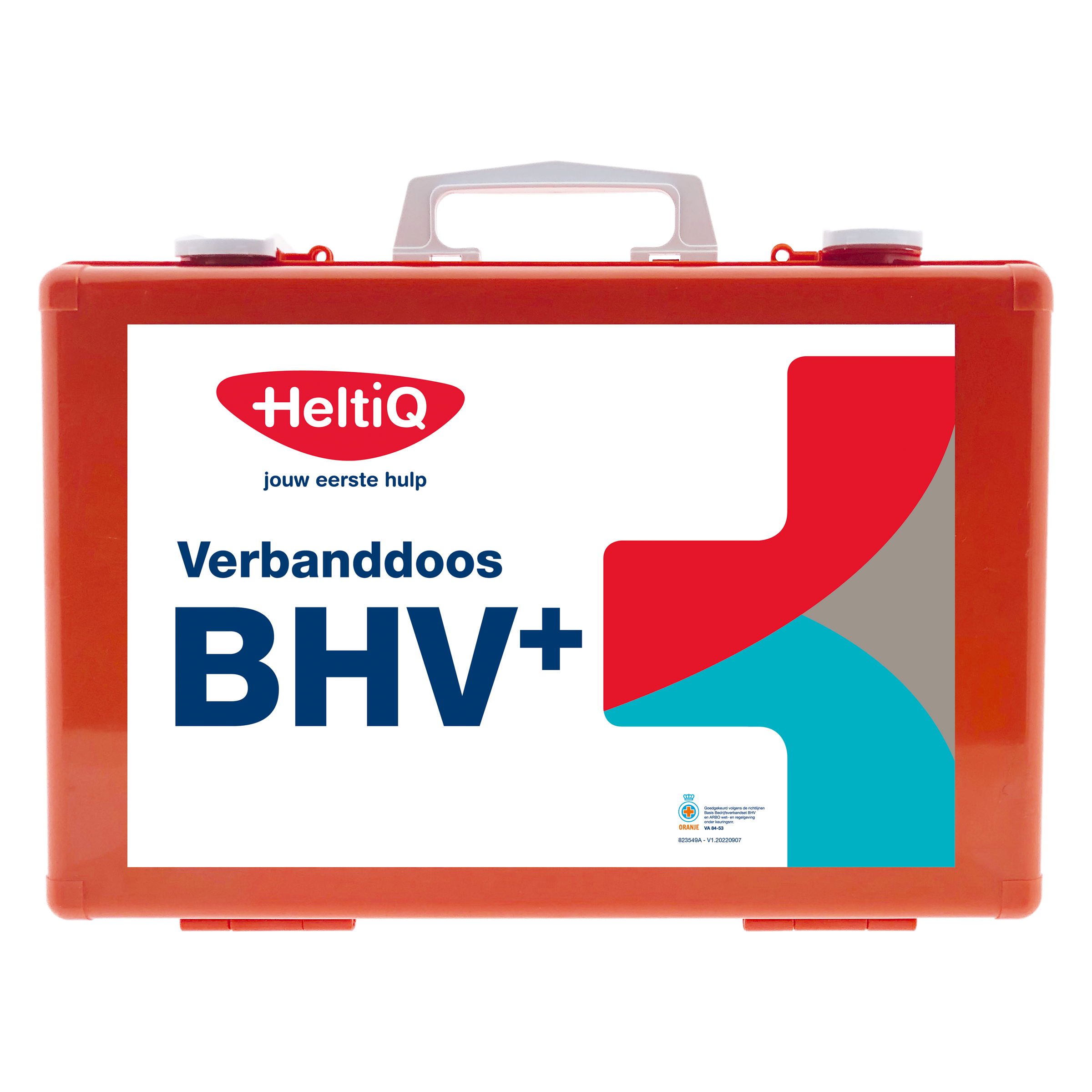 Heltiq Verbanddoos modulair BHV+ EHBO set with first aid supplies, organized in a compact first aid kit for emergency use.