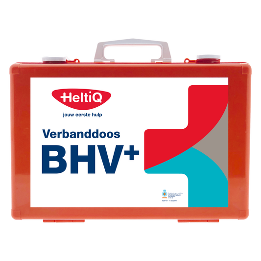 Heltiq Verbanddoos modulair BHV+ EHBO set with first aid supplies, organized in a compact first aid kit for emergency use.