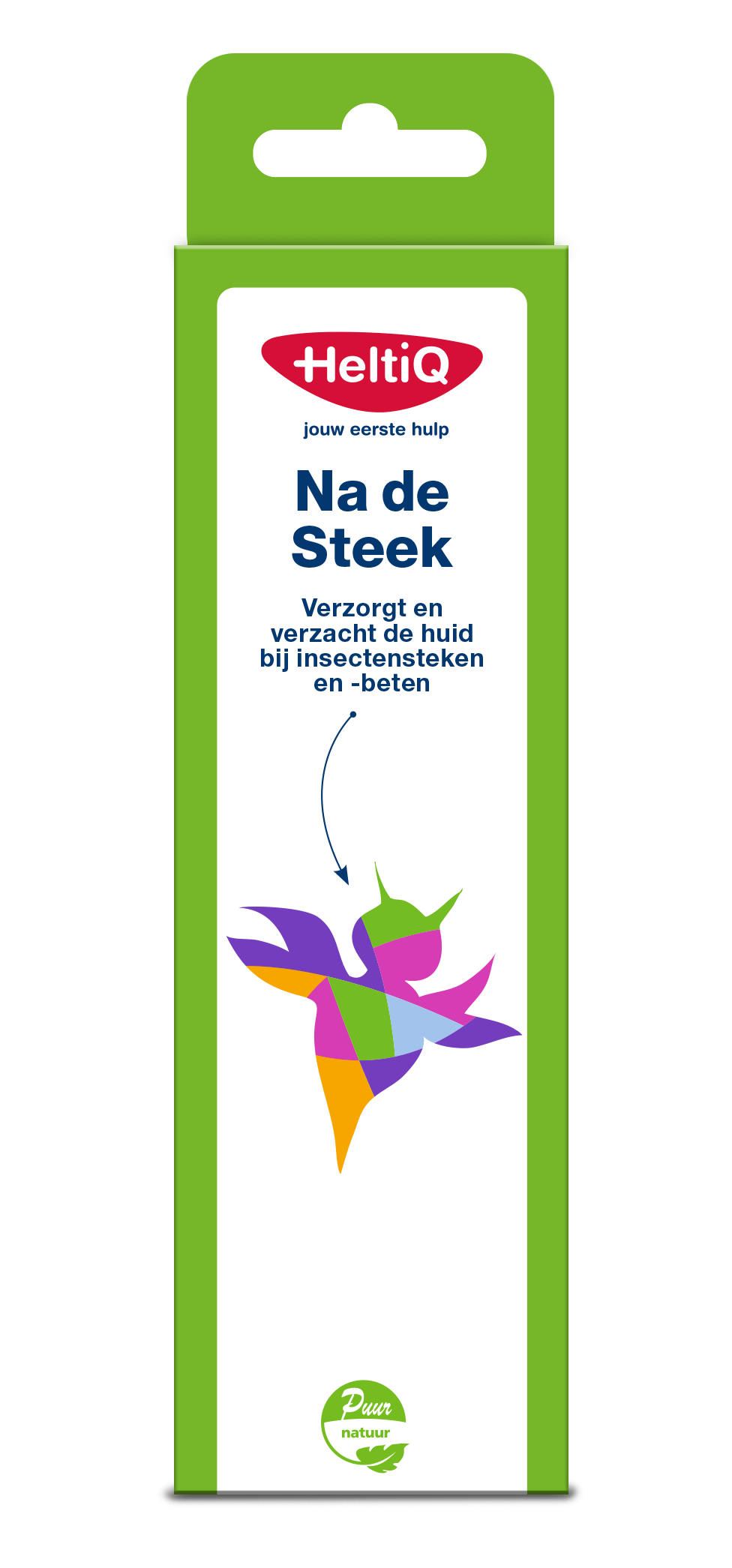 Heltiq Na de Steek pen 15g for insect bites and stings, featuring a compact pen design with clear applicator tip.