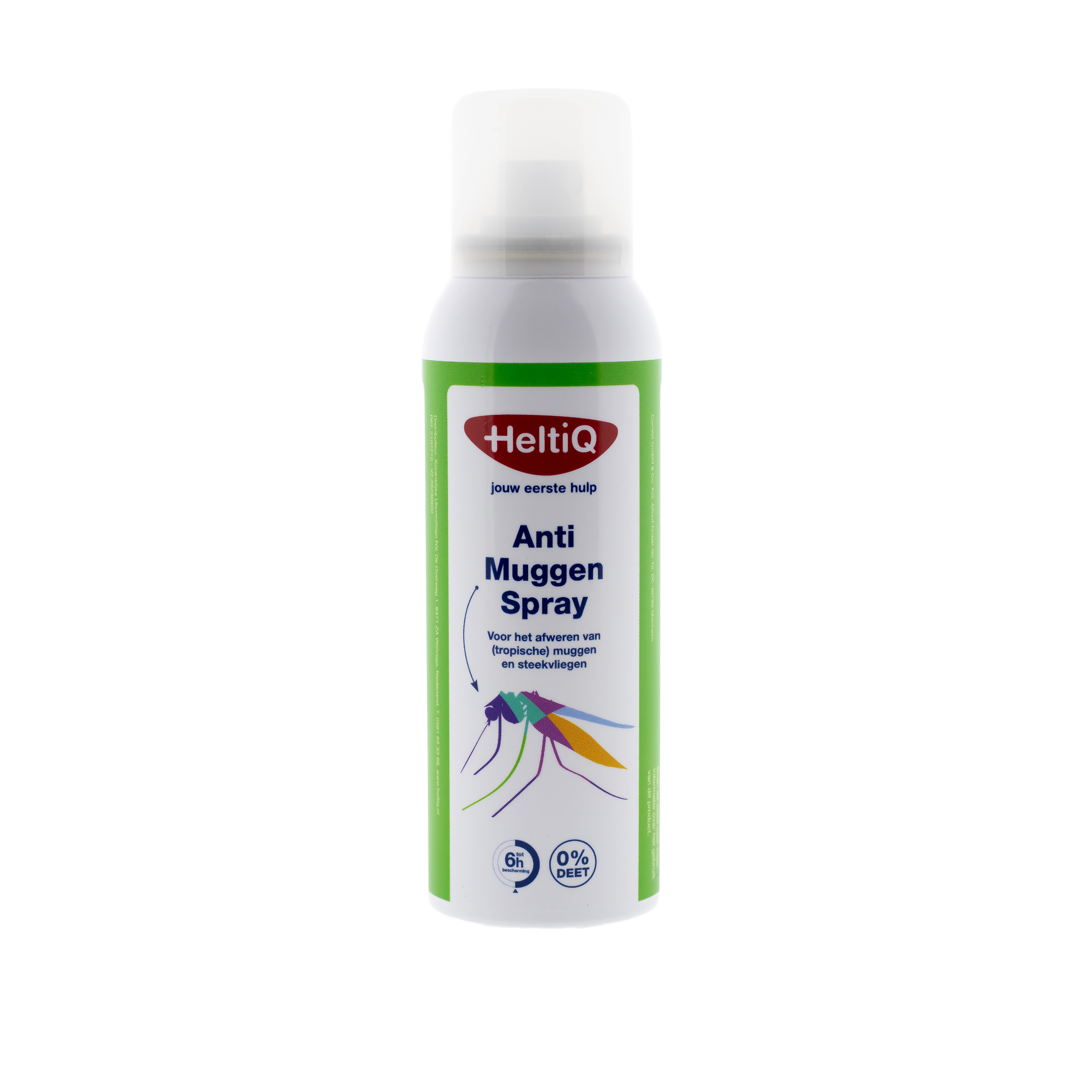 Heltiq Anti-muggen spray 100g for insect bites and stings, in a white and green bottle with spray nozzle.