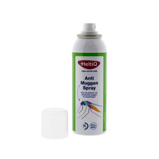 Heltiq Anti-muggen spray 100g for insect bites and stings, in a white and green bottle with spray nozzle.