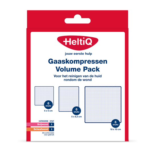 Heltiq gauze compresses, sterile medical dressings, pack of 18, for wound care and first aid.