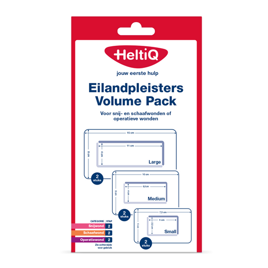 Heltiq Eilandpleister volume pack with six adhesive bandages, ideal for minor cuts and wounds, shown in the image.