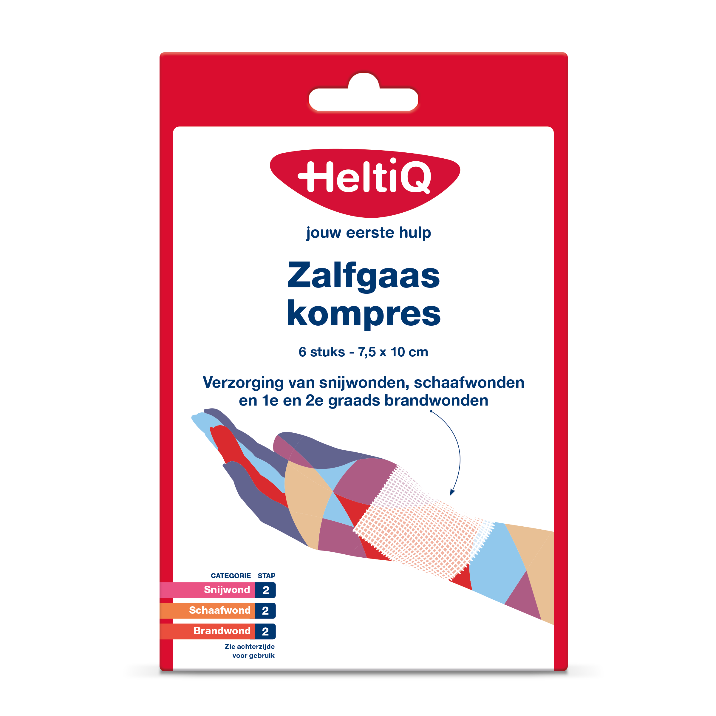 Heltiq Zalfgaaskompres 7.5x10cm sterile gauze and compress pack, six pieces for wound care and first aid.