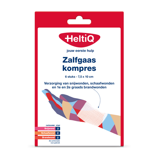 Heltiq Zalfgaaskompres 7.5x10cm sterile gauze and compress pack, six pieces for wound care and first aid.