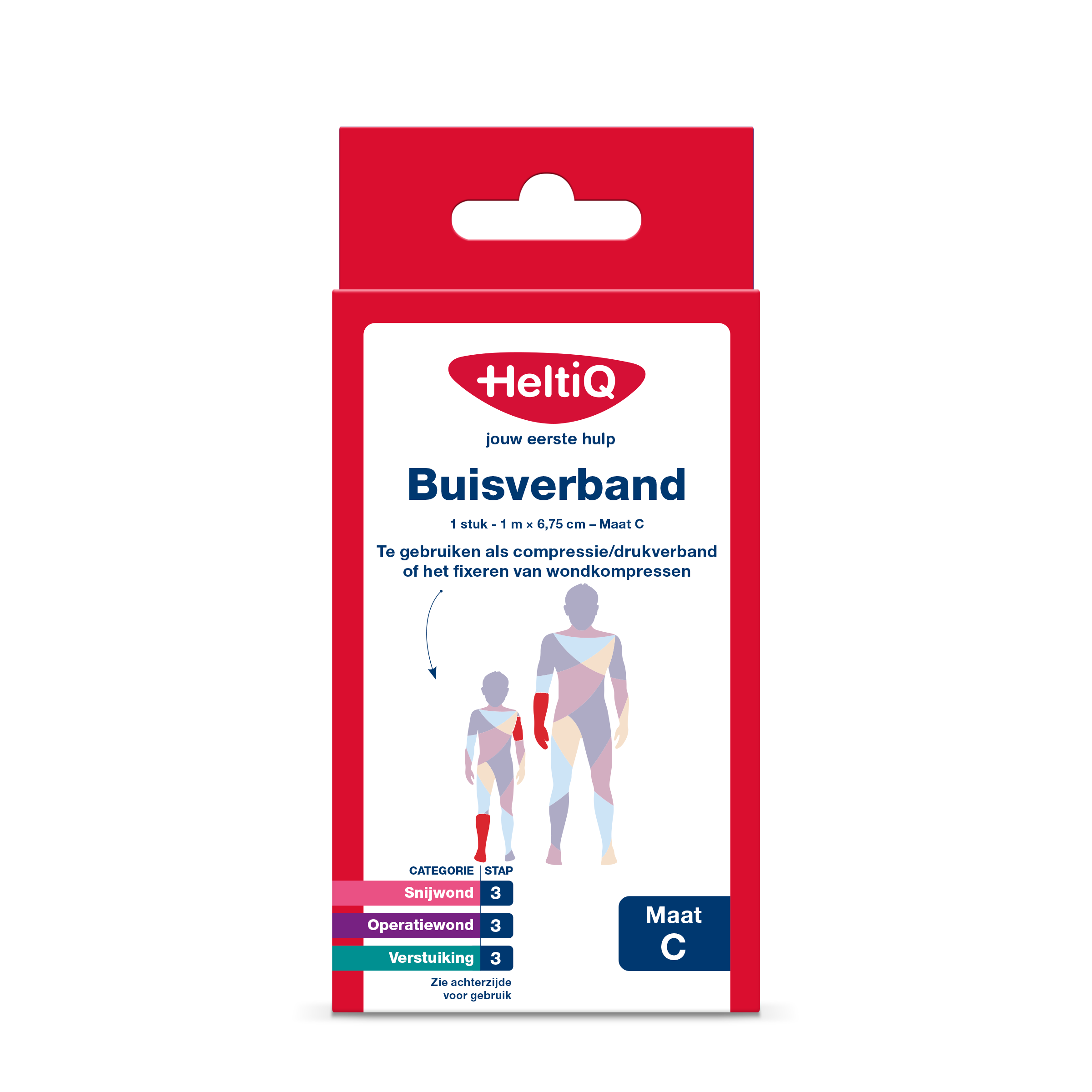 Heltiq Buisverband 1m x 6.75cm maat C, medical tubular bandage and dressing in a sterile package.