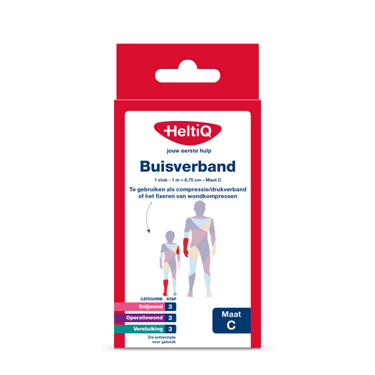 Heltiq Buisverband 1m x 6.75cm maat C, medical tubular bandage and dressing in a sterile package.