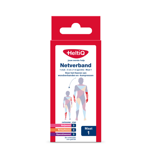 Heltiq Netverband 3cm x 1m buisverband in maat 1, stretchable medical bandage for wound care, shown in the image.
