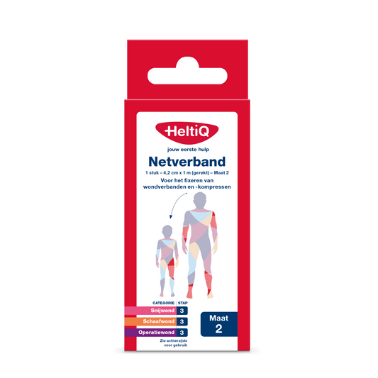 Heltiq netverband 4.2cm x 1m, stretch medical bandage for wound care, size 2, in a packaging image.