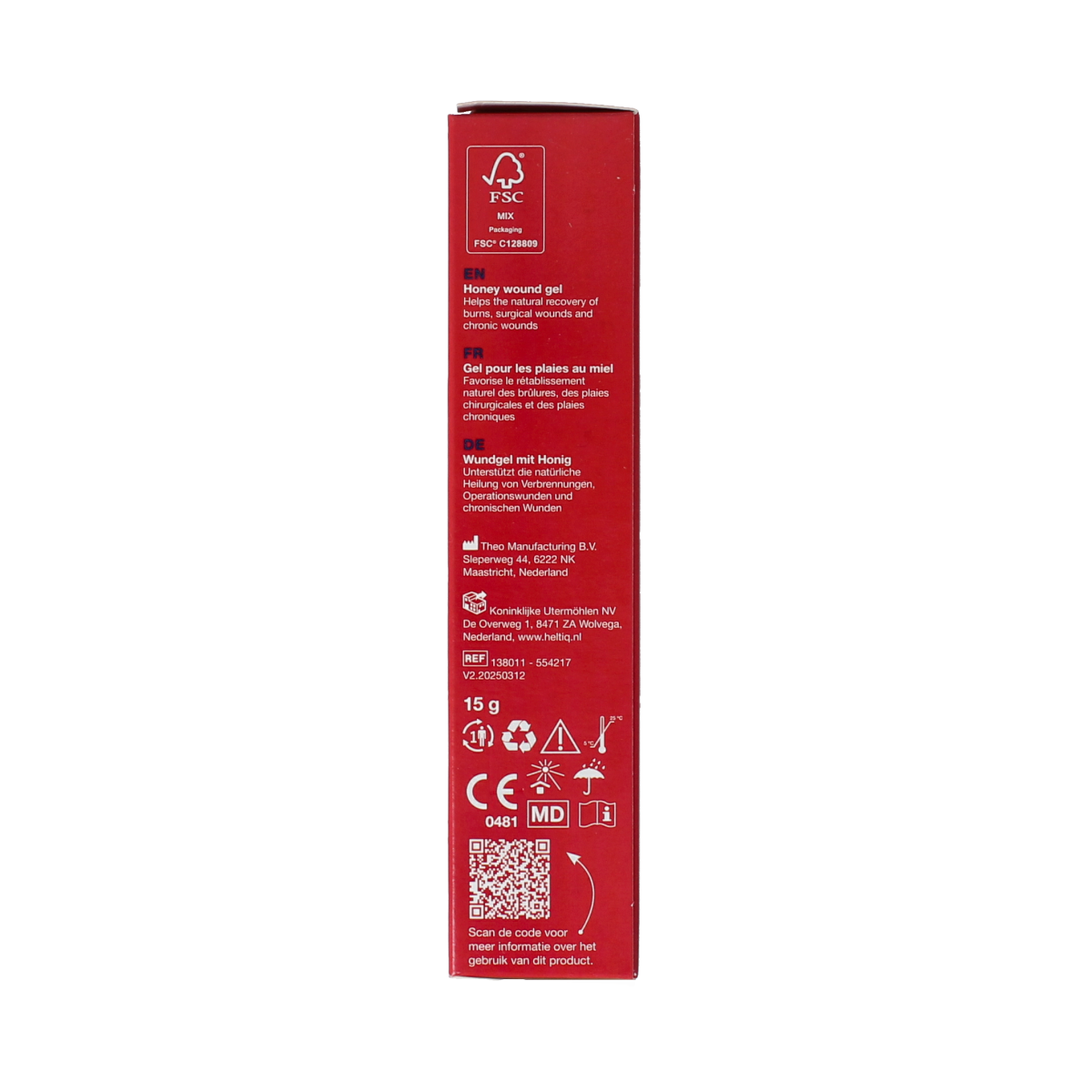 Heltiq Honing Wondverzorging gel in a 15g tube, natural wound healing product for minor cuts and skin injuries.