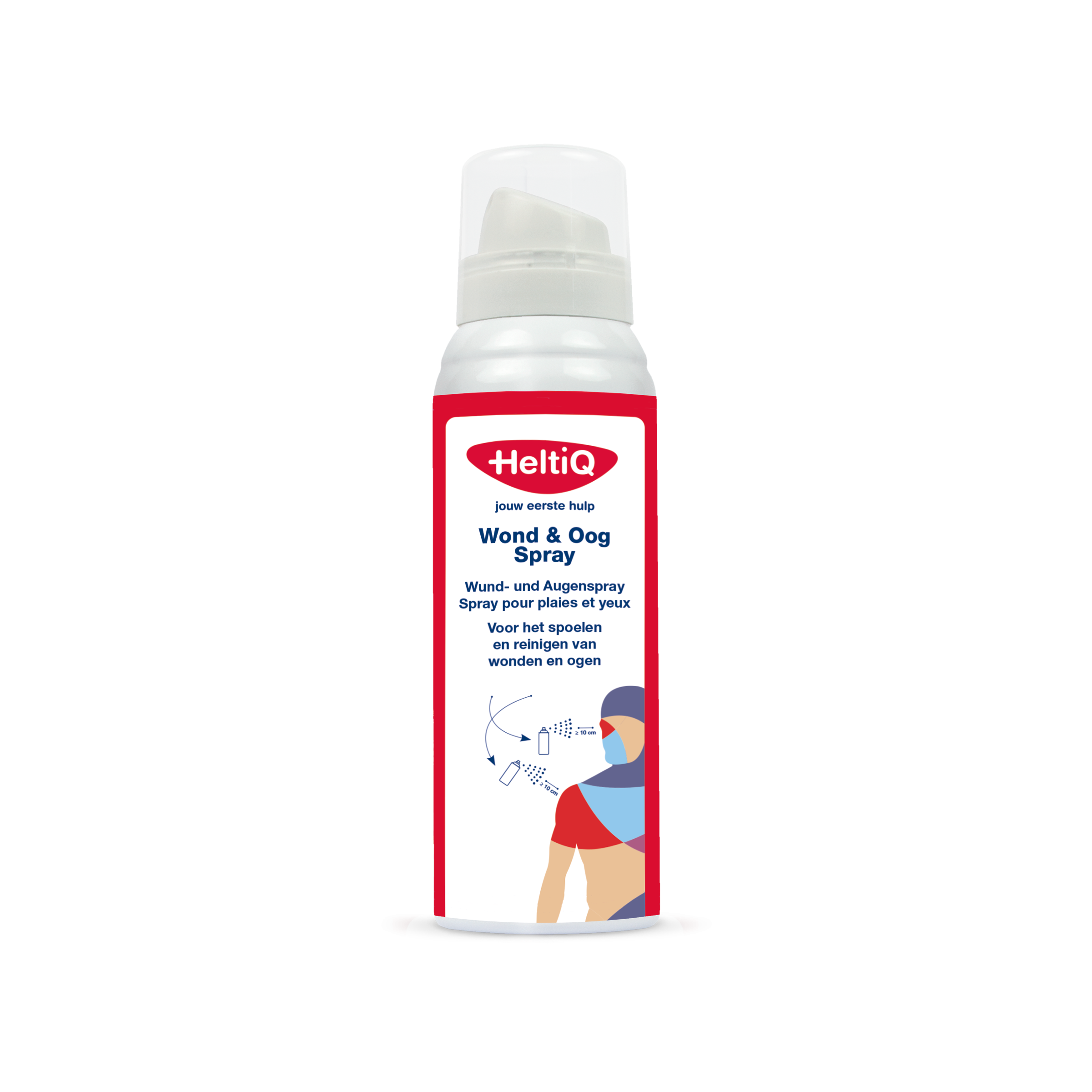 Heltiq Oog en Wondverzorging spray bottle, 100ml, for eye and wound care, with white spray nozzle and clear label.