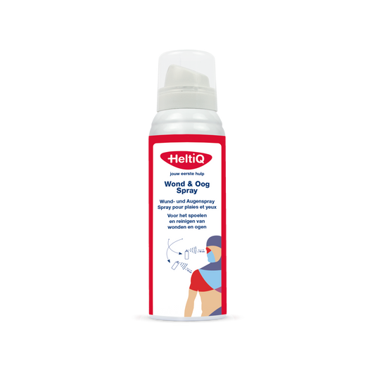 Heltiq Oog en Wondverzorging spray bottle, 100ml, for eye and wound care, with white spray nozzle and clear label.