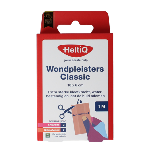 Heltiq Wondpleister classic 10x6cm adhesive bandages and tape, sterile wound dressing for first aid.