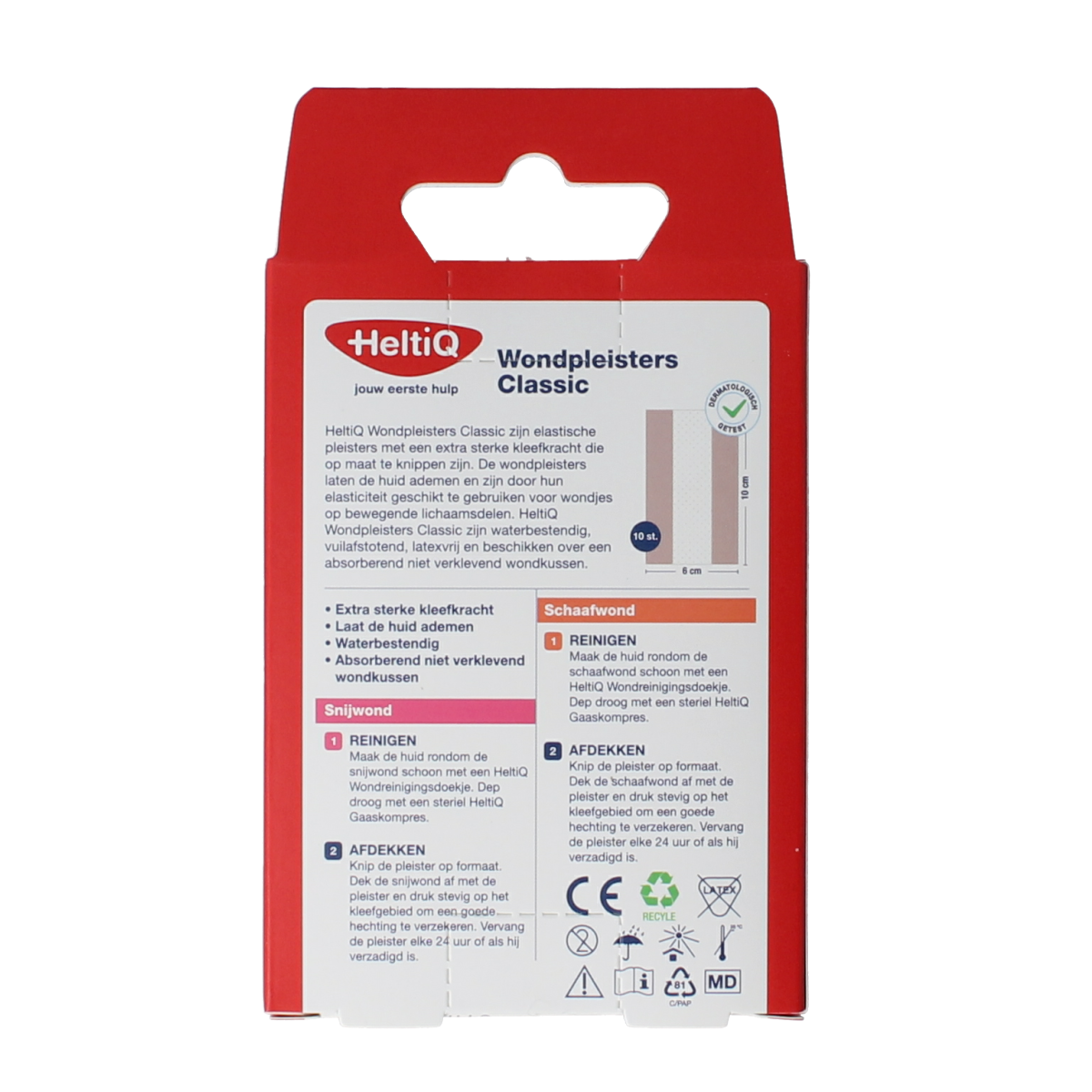 Heltiq Wondpleister classic 10x6cm adhesive bandage on skin, with protective tape for wound care and healing.