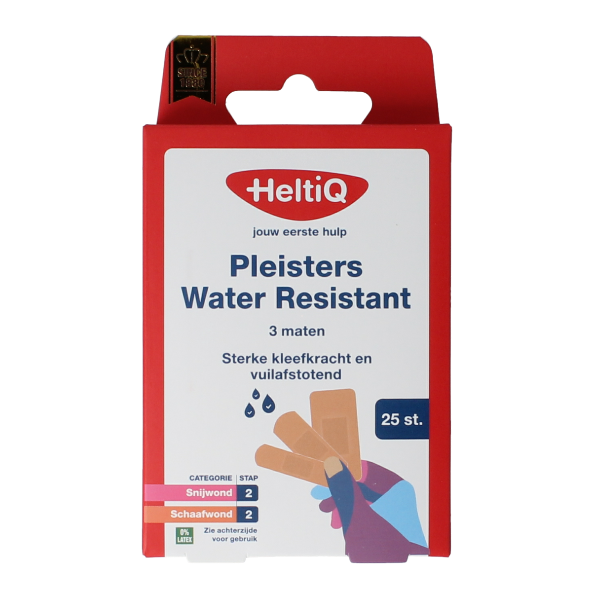 Water-resistant Heltiq pleisters, 3 sizes, 25 pack, for wound care, shown in the image.